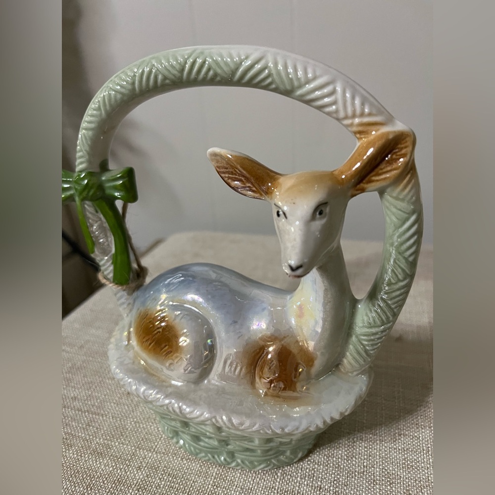 Hand Painted Deer in Basket Lusterware Made In Brazil 1907 Easter Midcentury